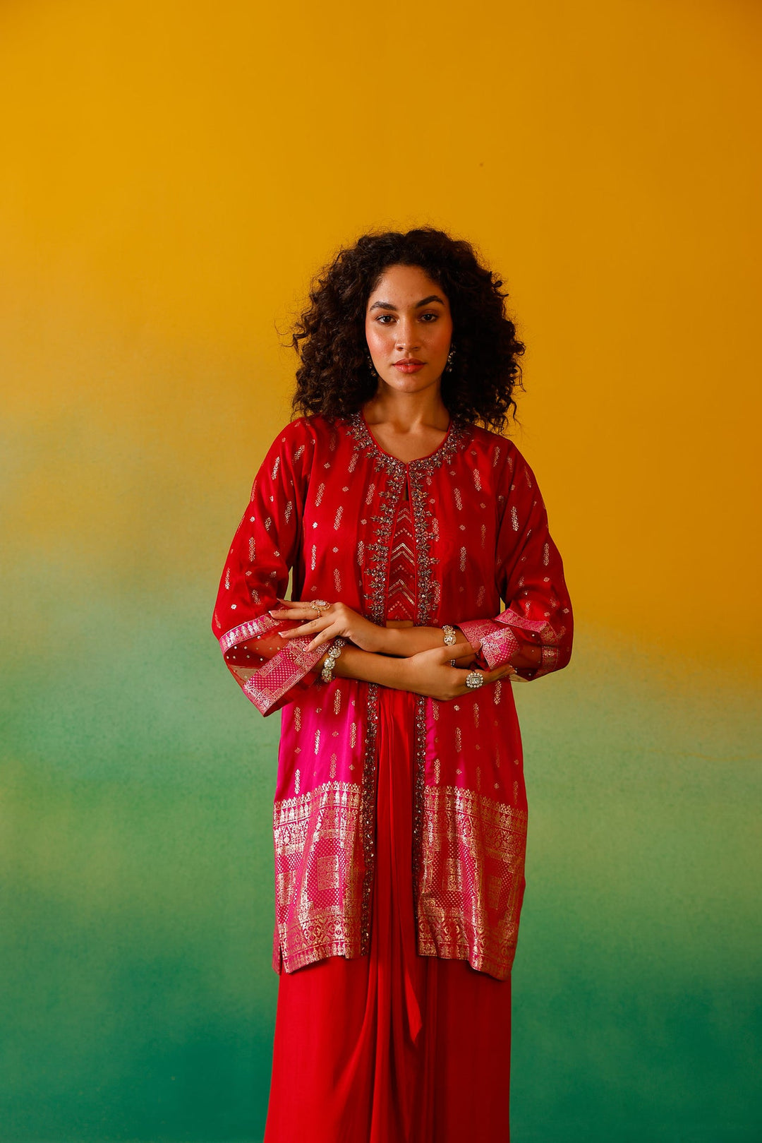 Neerus Red silk embroidered co-ord set - detail view 9