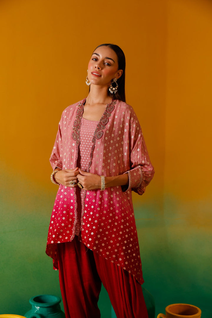 Neerus Onion Beads and Stones Chinon Fabric Co-Ord Set