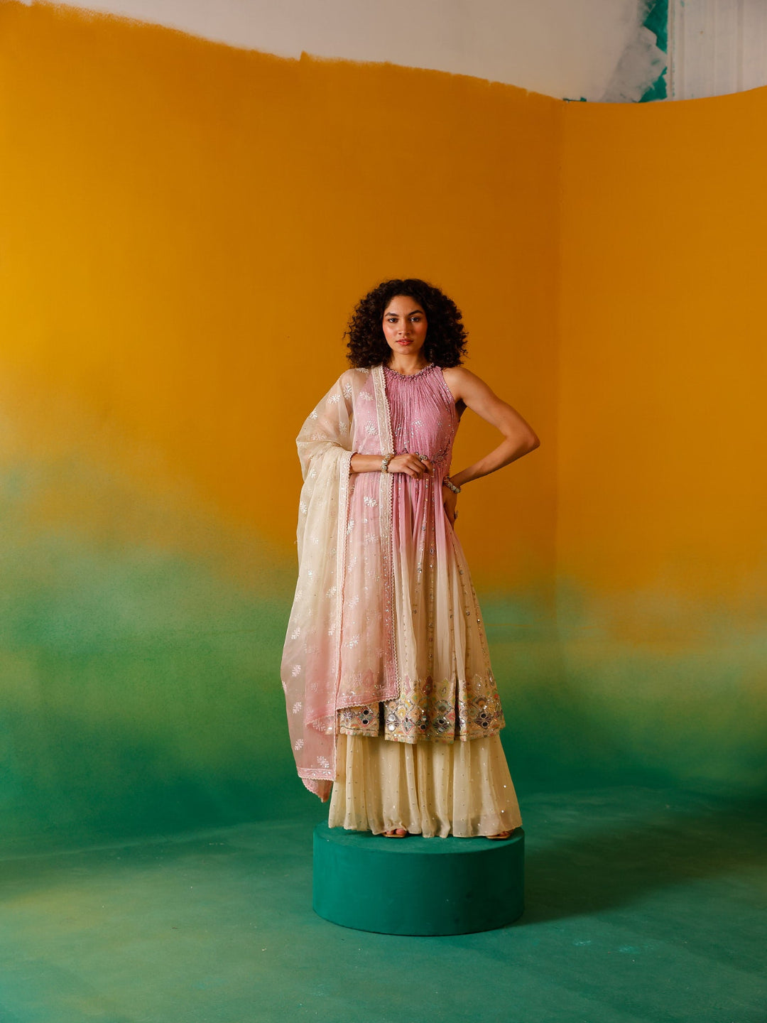 Neerus Pink chinon embellished anarkali suit set - front view