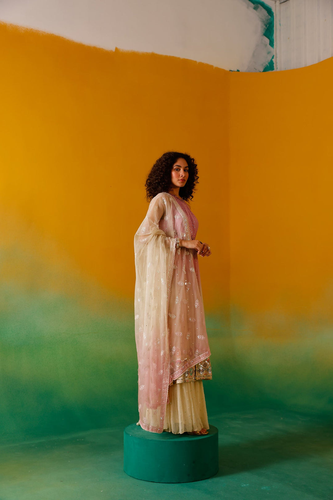 Neerus Pink chinon embellished anarkali suit set - detail view 7