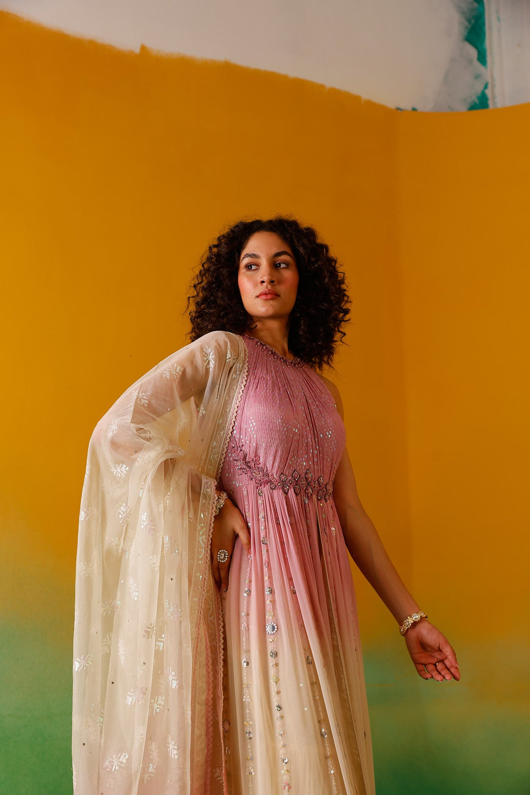 Neerus Pink chinon embellished anarkali suit set - detail view 9