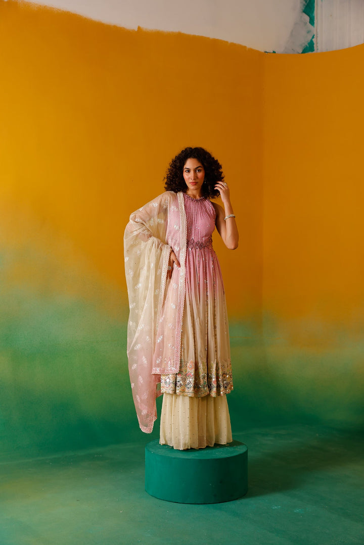 Neerus Pink chinon embellished anarkali suit set - side view
