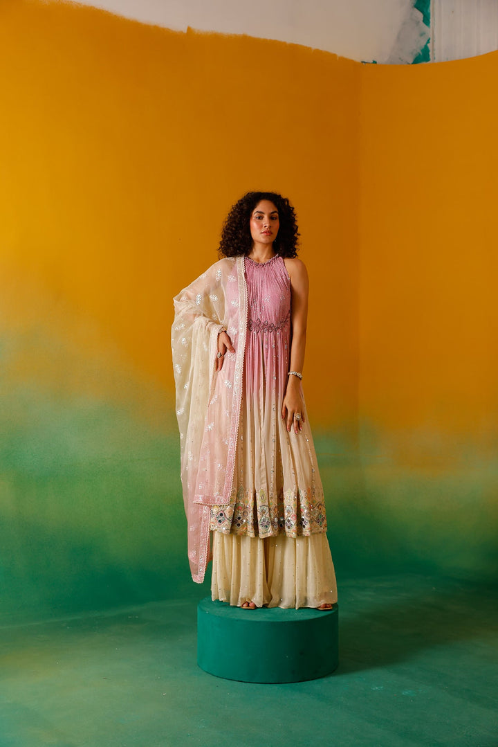 Neerus Pink chinon embellished anarkali suit set - detail view 1