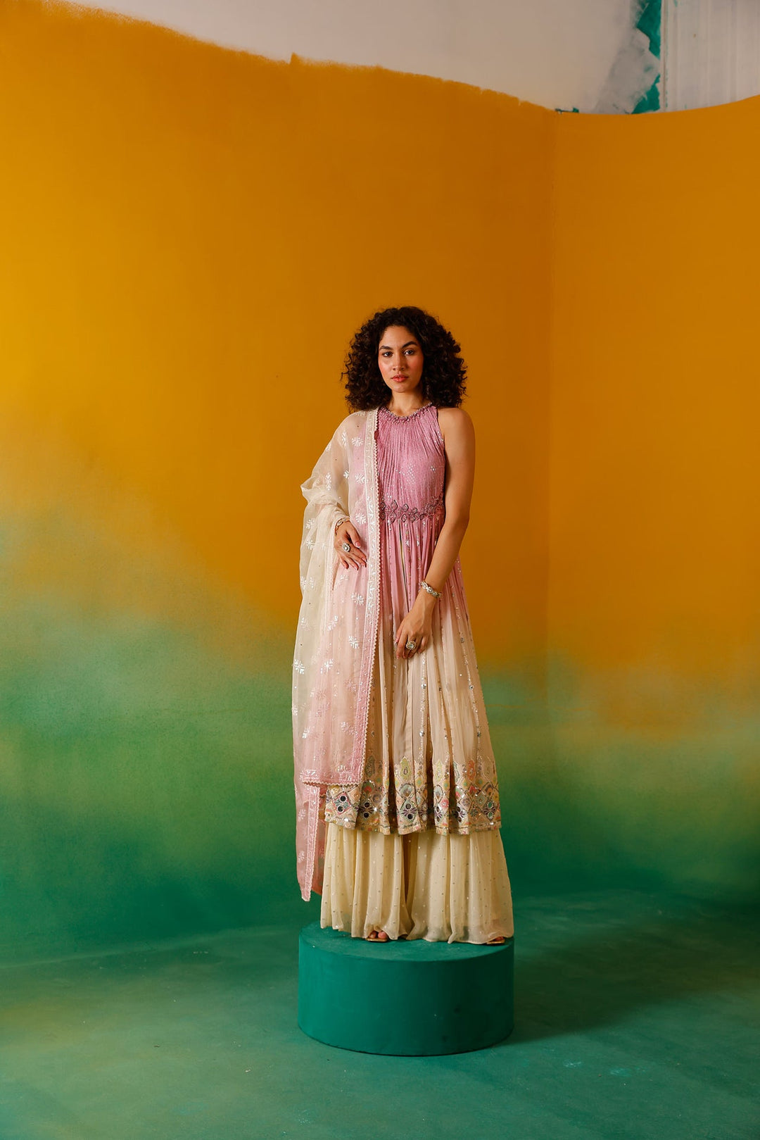 Neerus Pink chinon embellished anarkali suit set - detail view 2