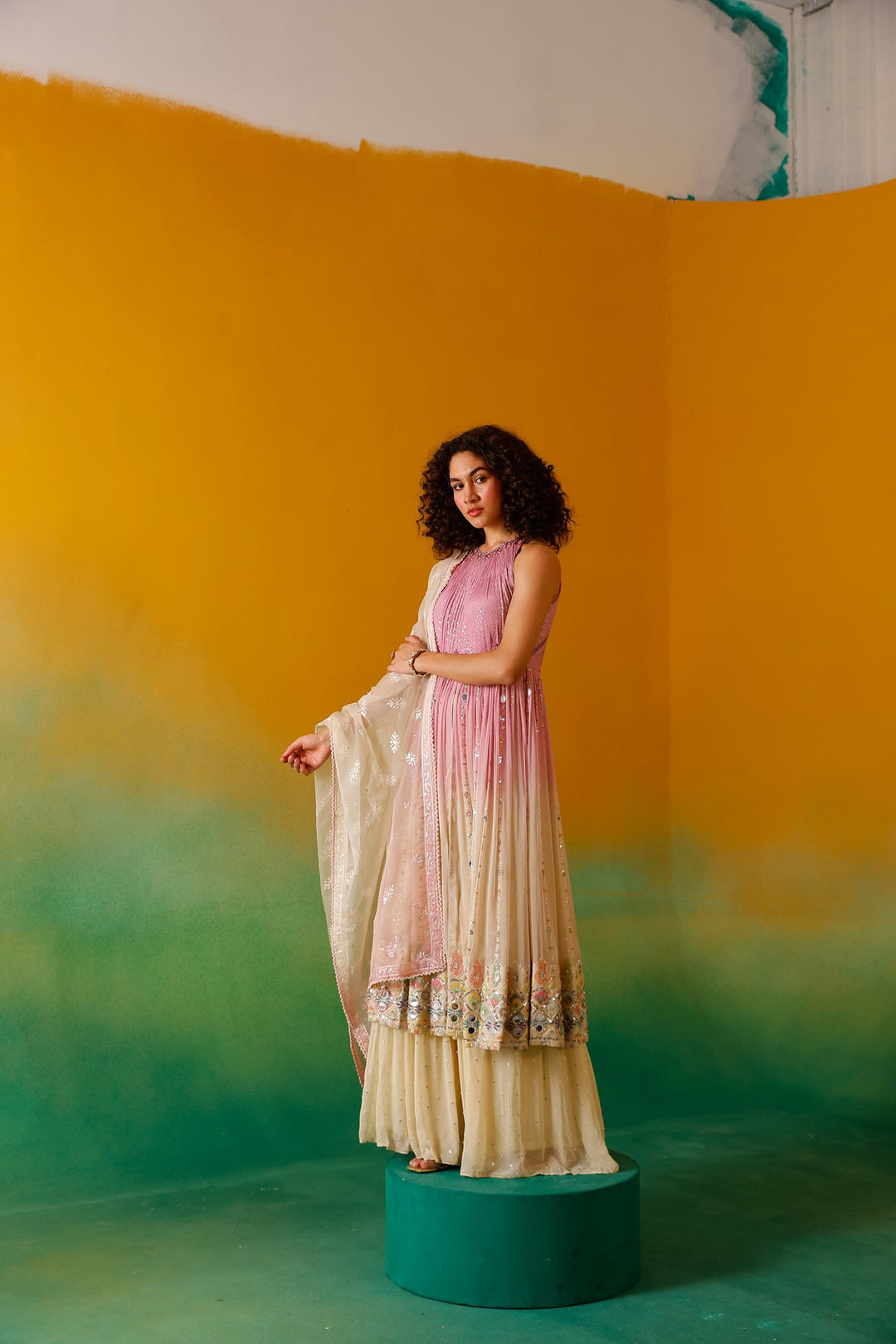 Neerus Pink chinon embellished anarkali suit set - detail view 4