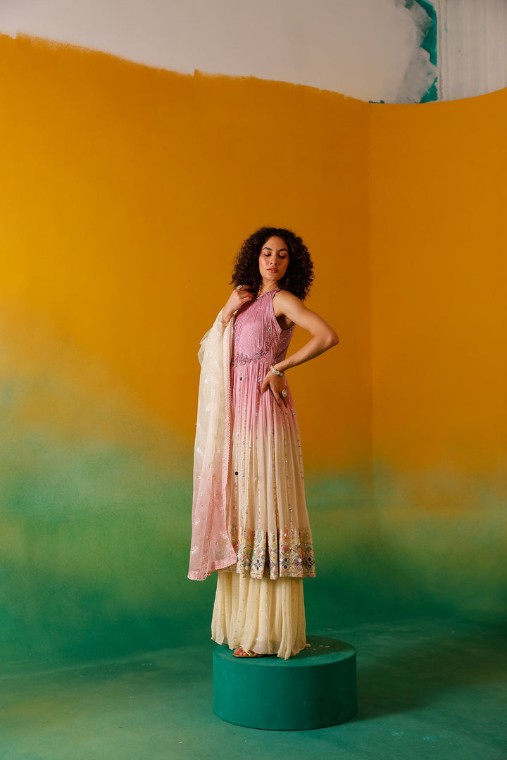 Neerus Pink chinon embellished anarkali suit set - detail view 5