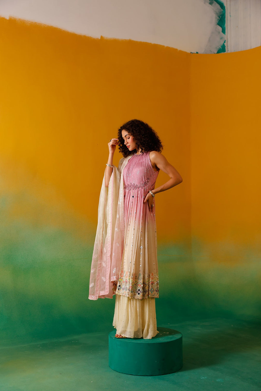 Neerus Pink chinon embellished anarkali suit set - detail view 6