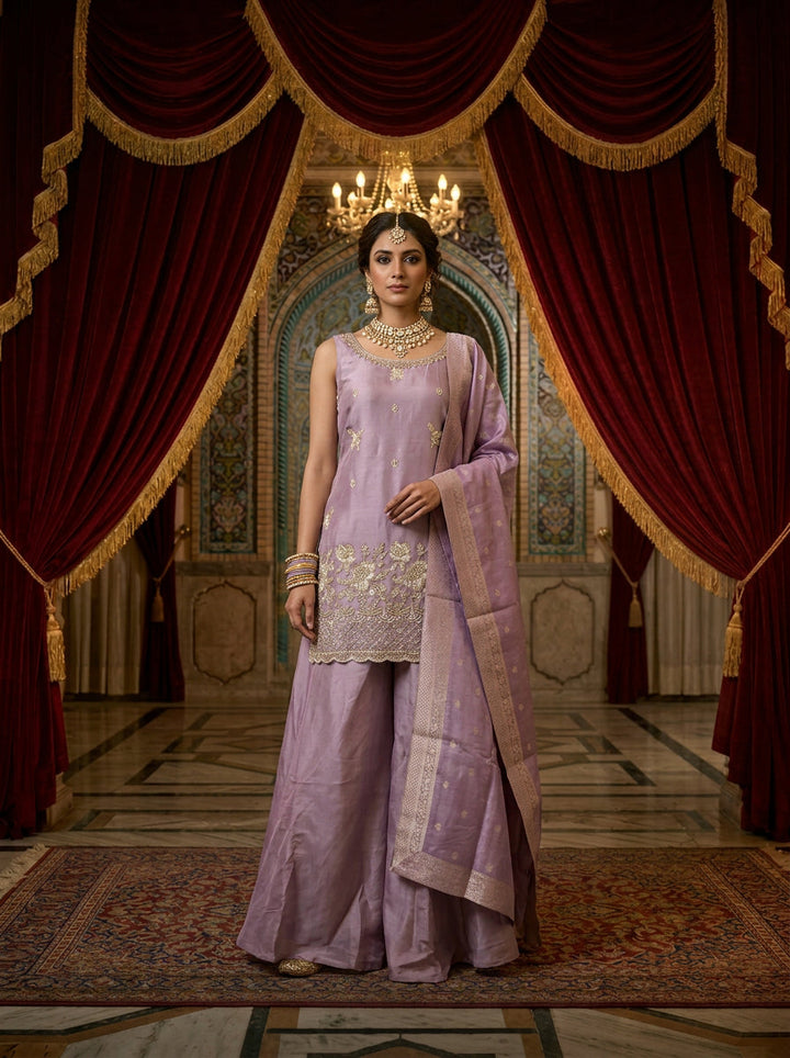Neerus Purple tissue hand embroidered suit set - front view