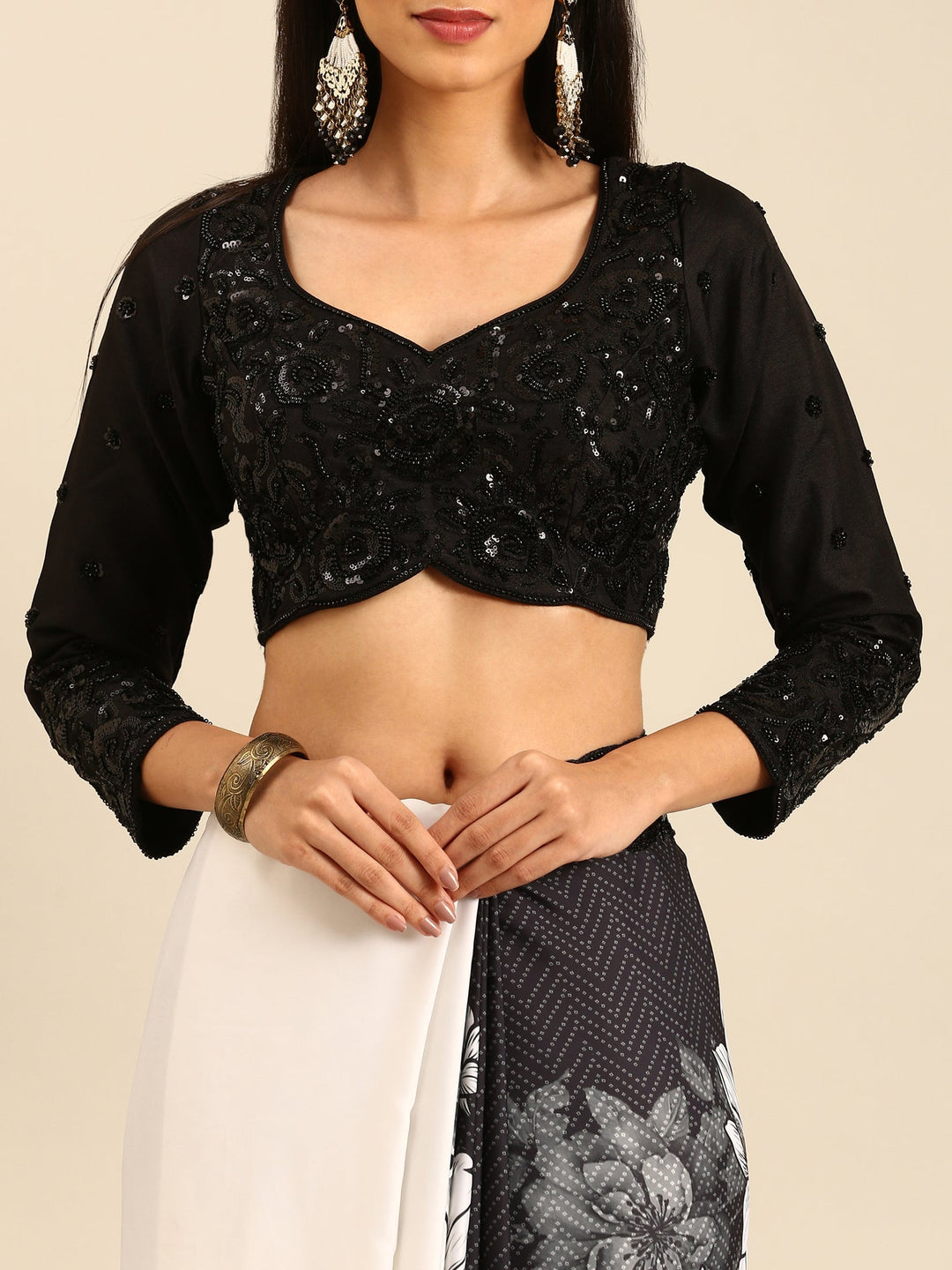 Neerus Black satin hand embroidered printed saree - detail view 3