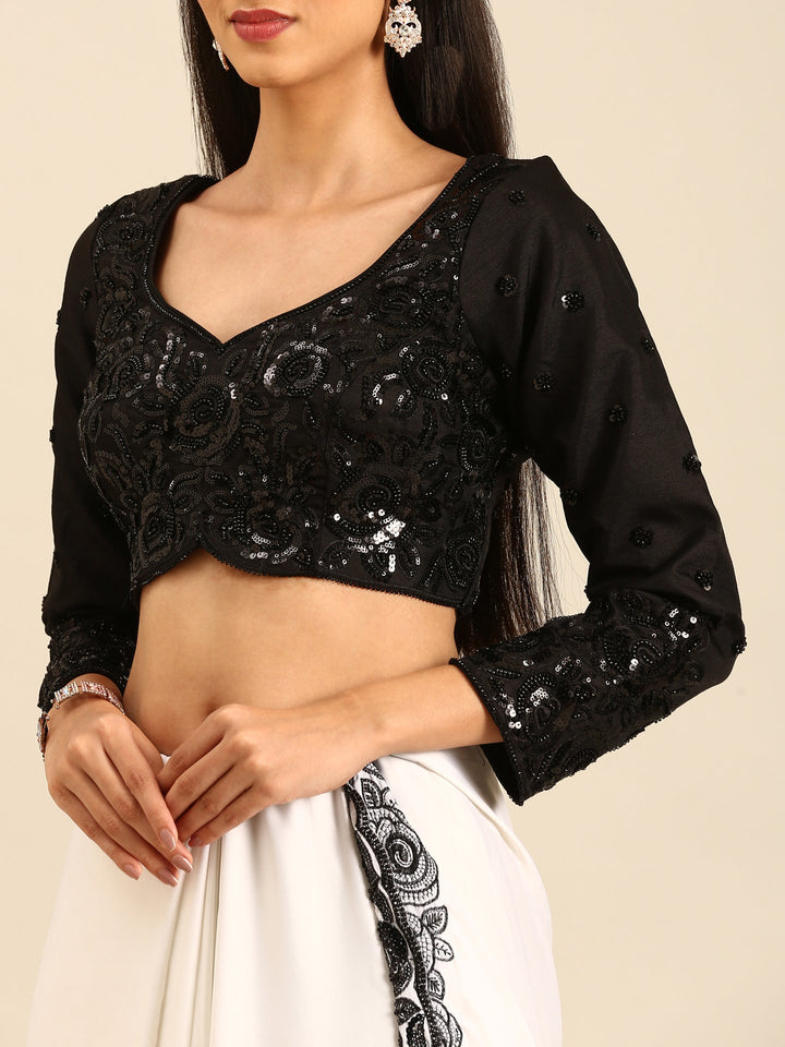 Neerus Black satin hand embroidered printed saree - detail view 7