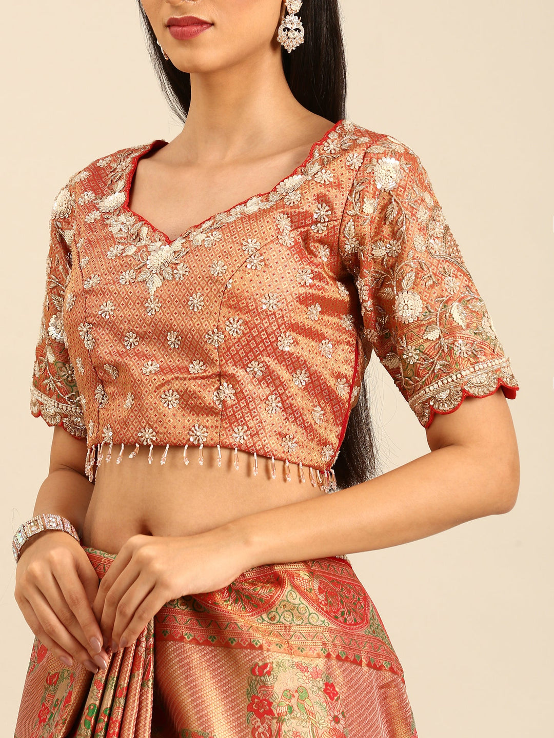 Neerus Red Banarasi hand embroidered saree with gold zardozi work - detail view 3