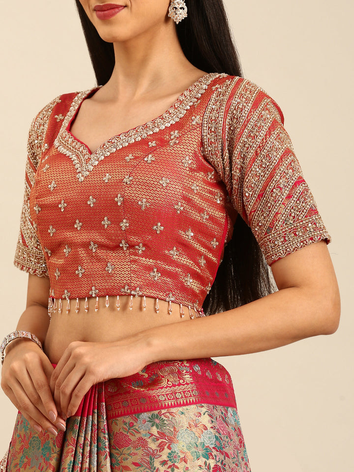 Neerus Gold Banarasi hand embroidered saree with meenakari jaal border - detail view 3