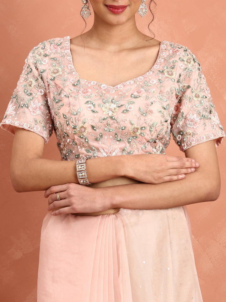 Peach Organza saree Resham & cut Dana heavy embroidery with ready made blouse