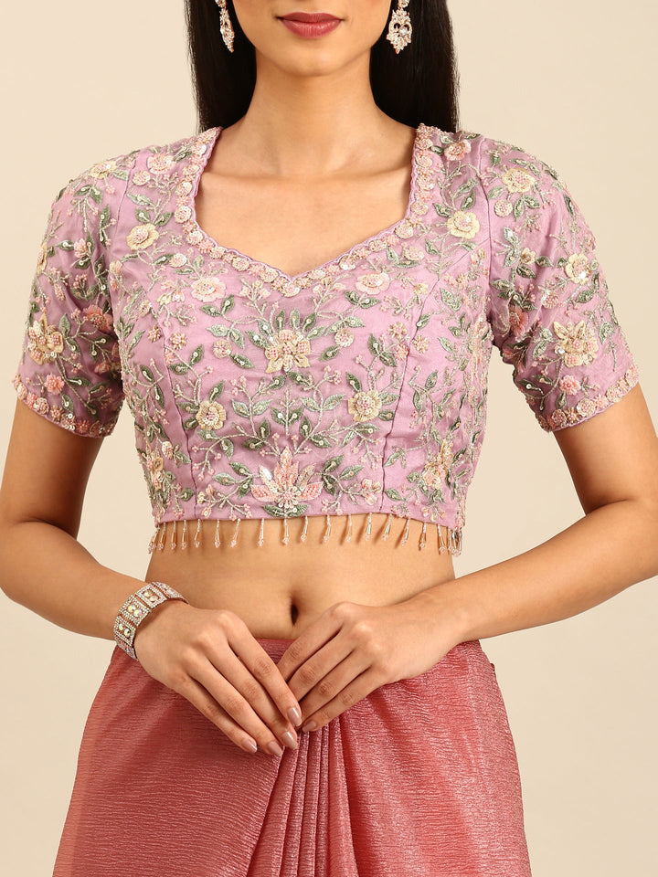 Neerus Pink tissue embellished saree with sequins and pearls - detail view 3