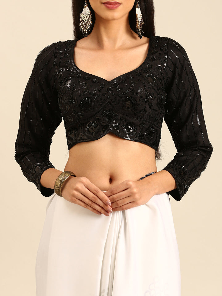 Black & white satin printed saree with hand embroidery & ready made blouse