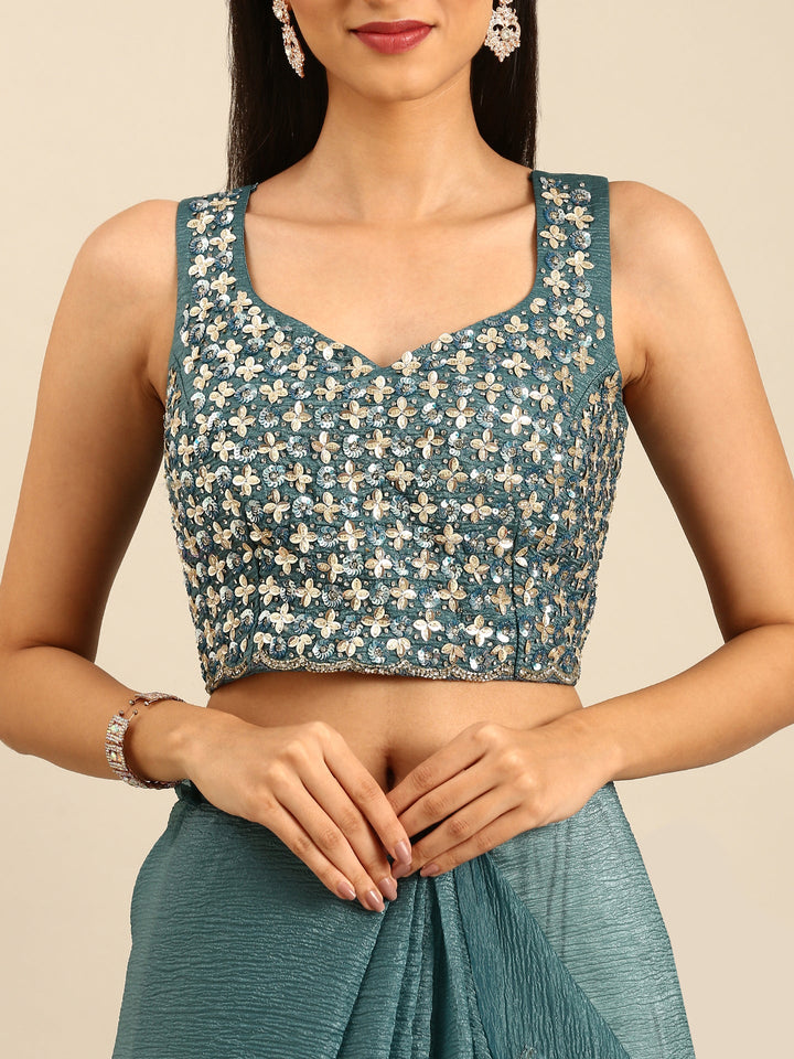 Neerus Green tissue embellished saree with heavy blouse - detail view 3