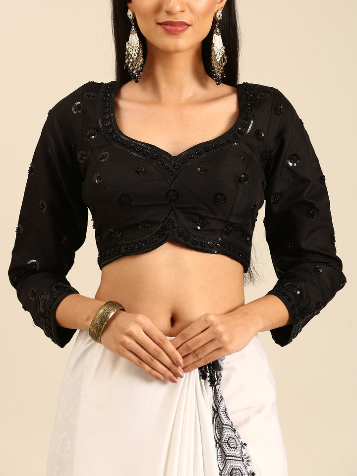 Neerus Black satin hand embroidered printed saree - detail view 7
