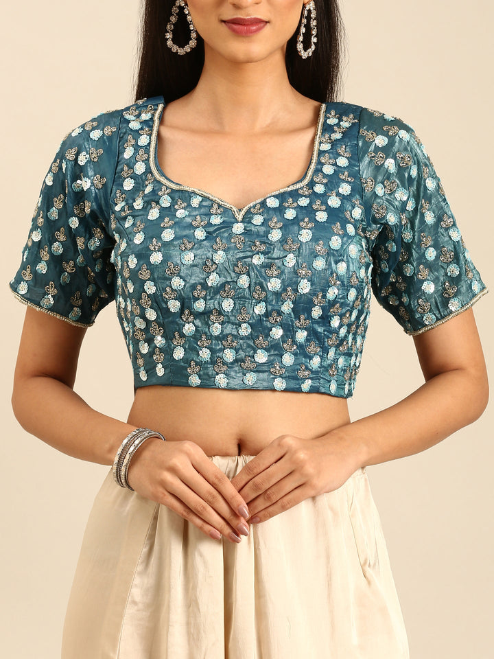 Blue floral printed satin saree with pearls & sequins embroidery with heavy ready made blouse