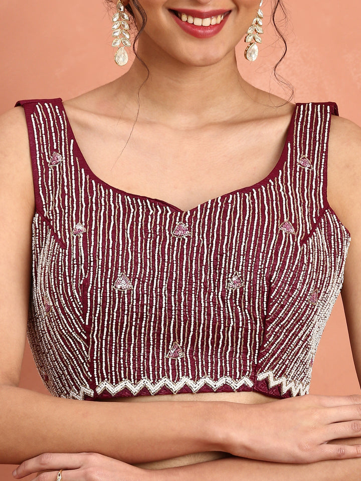 Neerus Maroon satin embellished saree - detail view 3