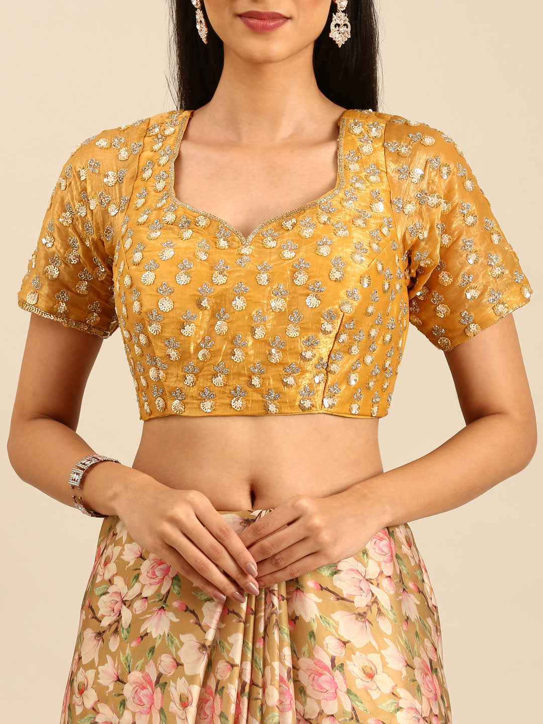 Neerus Yellow satin embellished saree with readymade blouse - detail view 3