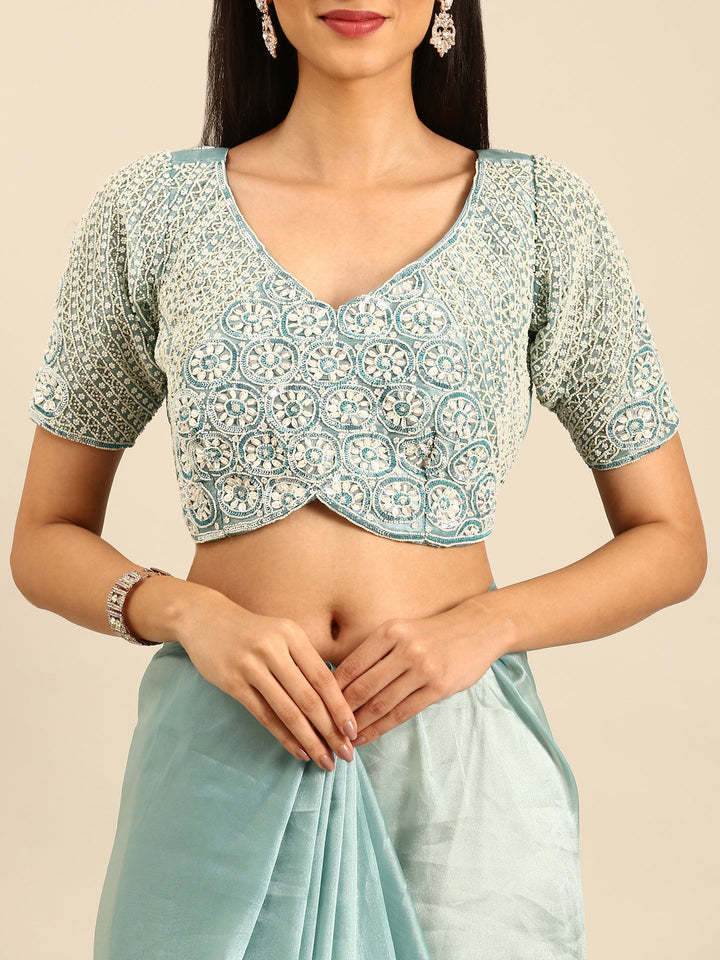 Sky blue Jimmy tissue saree with pearls & beads embroidery with heavy ready made blouse