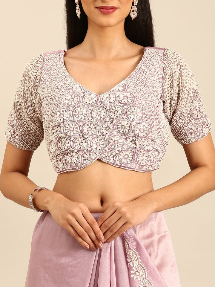 Neerus Purple tissue embellished saree with readymade blouse - detail view 3