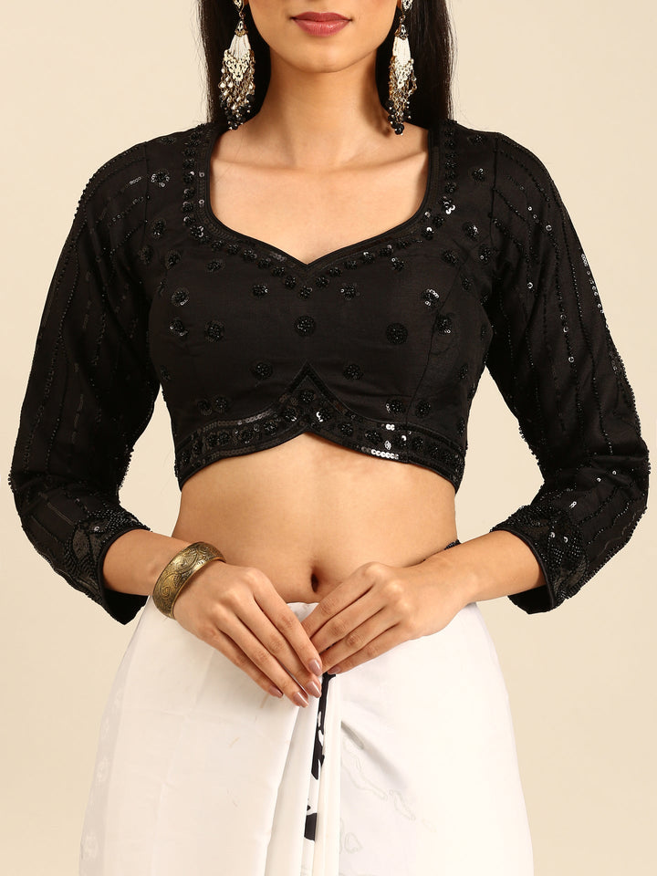 Neerus Black satin hand embroidered printed saree - detail view 3