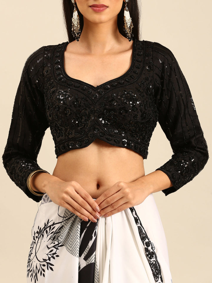Black & White Satin Printed Saree With Hand Embroidery & Readymade blouse