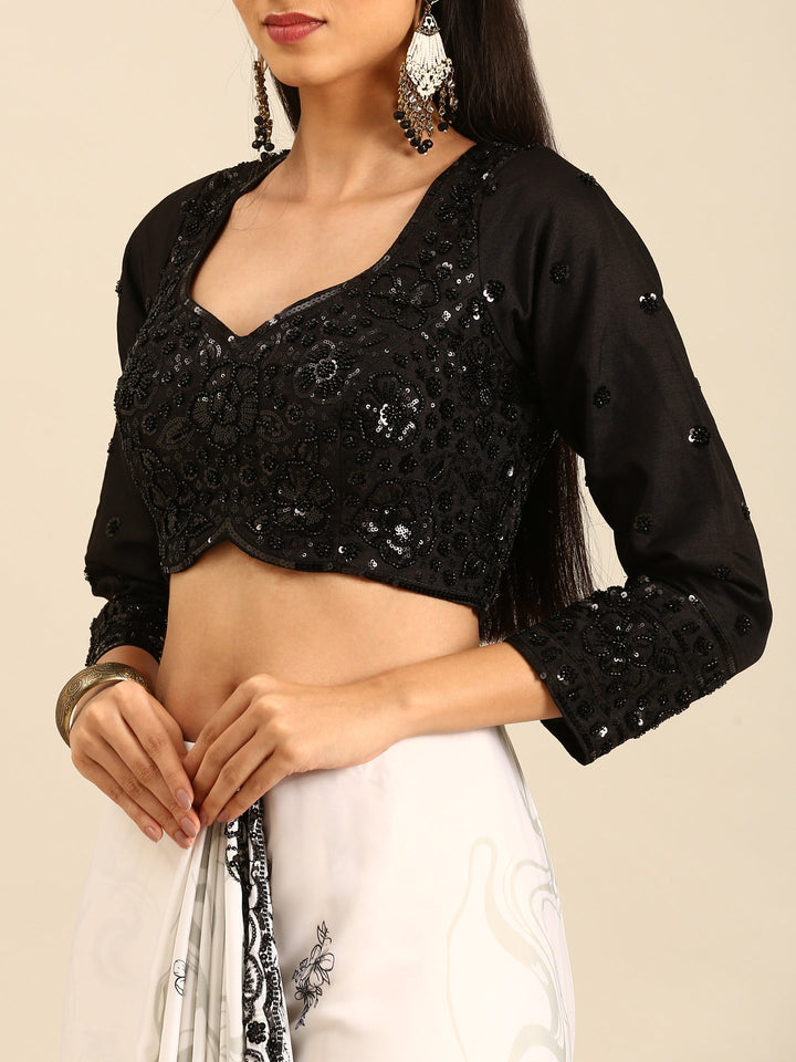 Black & White Satin Printed Saree With Hand Embroidery And Ready Made Blouse