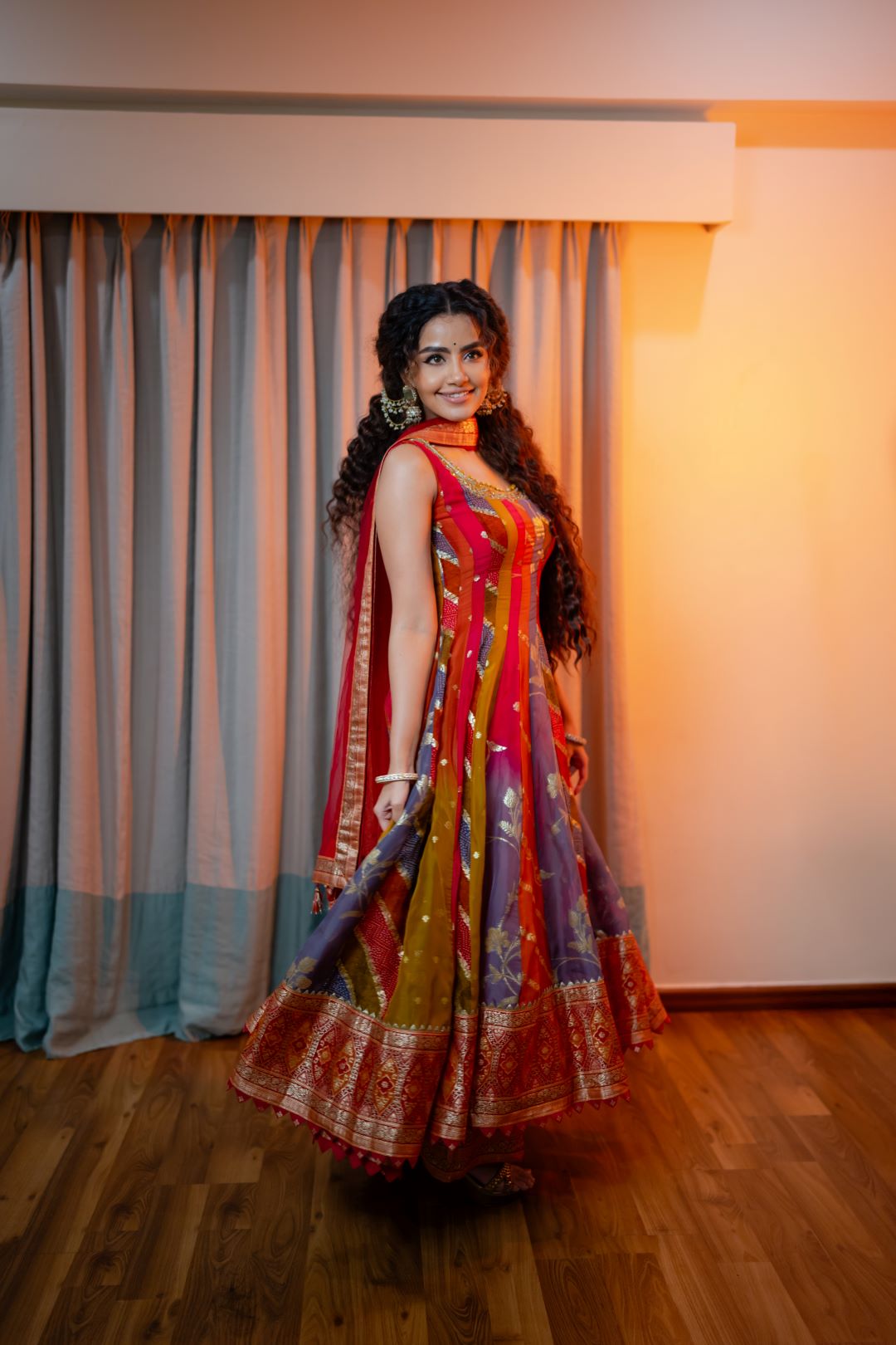 Neerus Multi organza embroidered anarkali suit set - side view