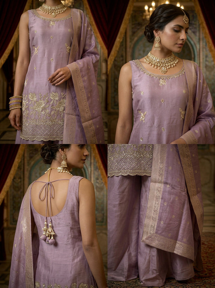 Neerus Purple tissue hand embroidered suit set - back view