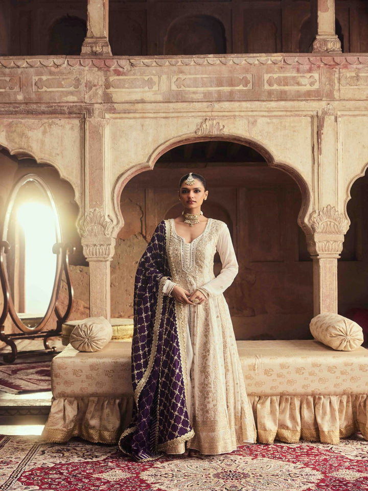 Neerus Purple georgette embroidered suit set - front view