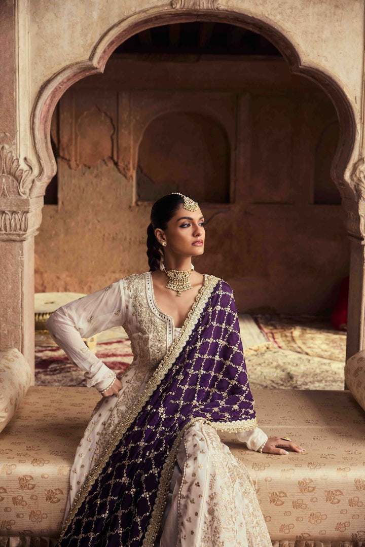 Neerus Purple georgette embroidered suit set - back view