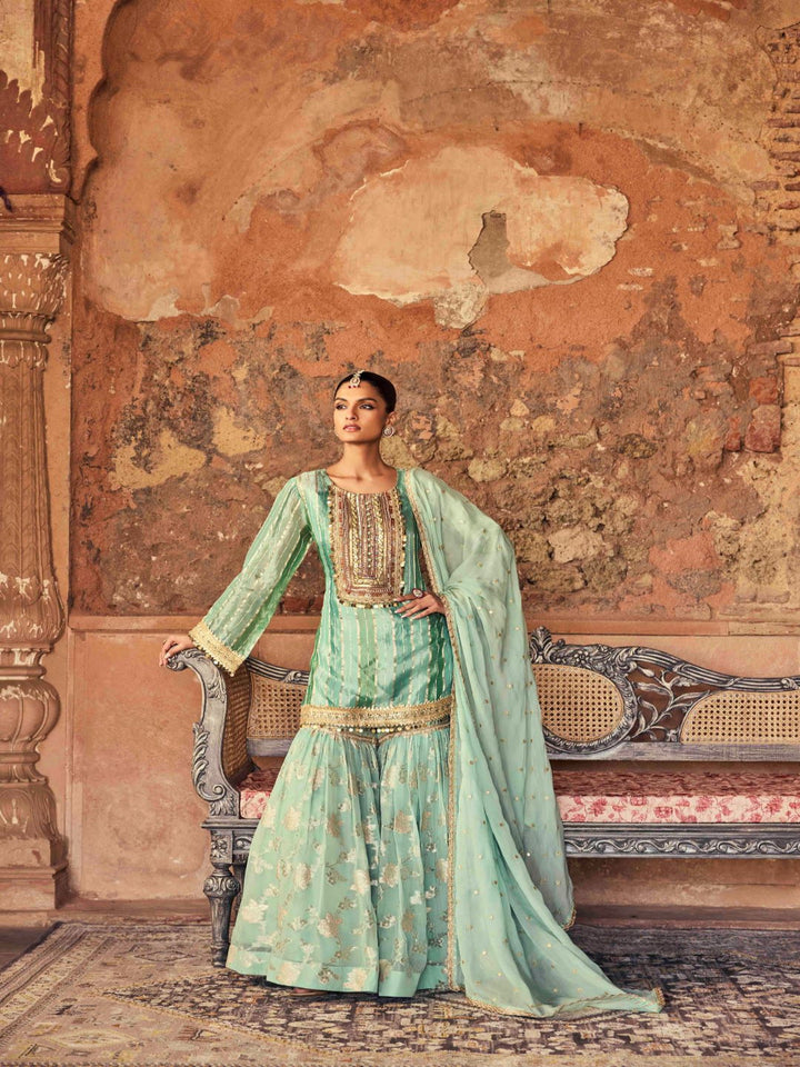 Neerus Green tissue embellished sharara set - front view