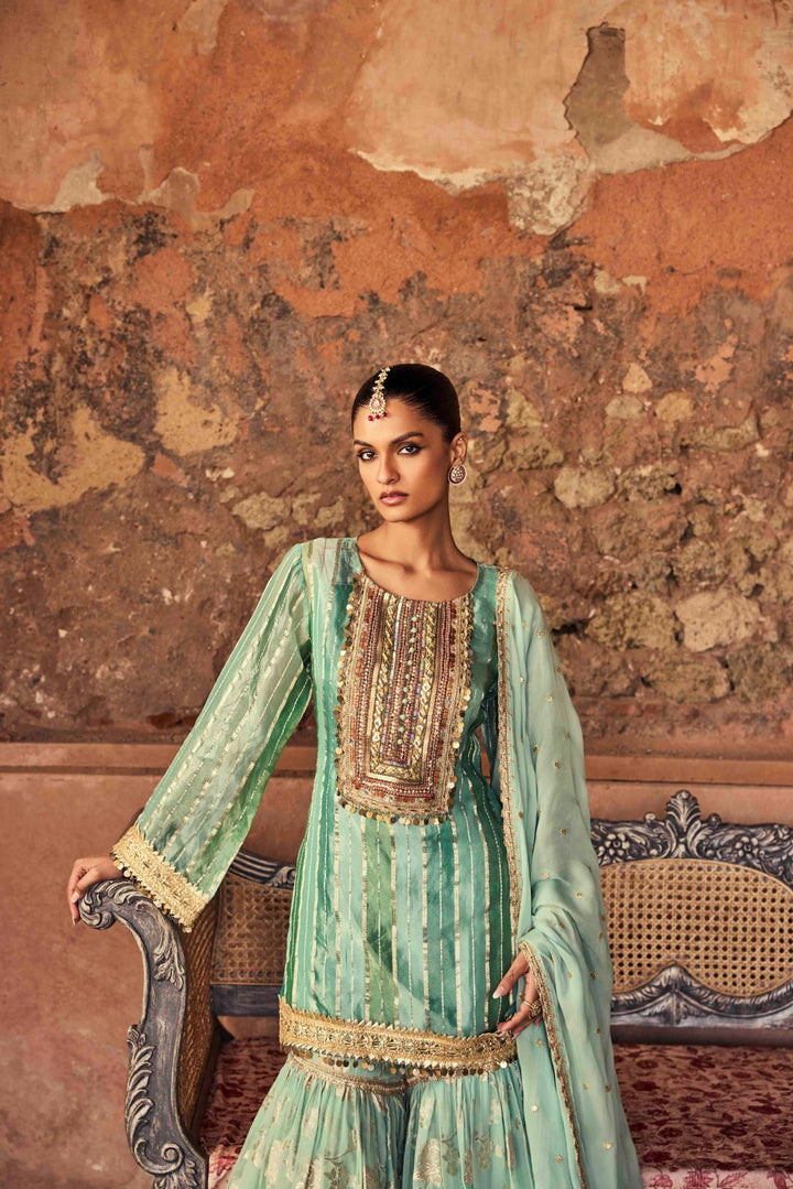 Neerus Green tissue embellished sharara set - back view