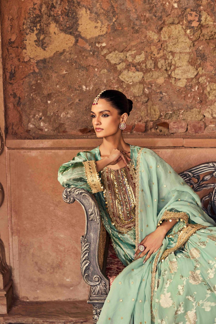 Neerus Green tissue embellished sharara set - side view