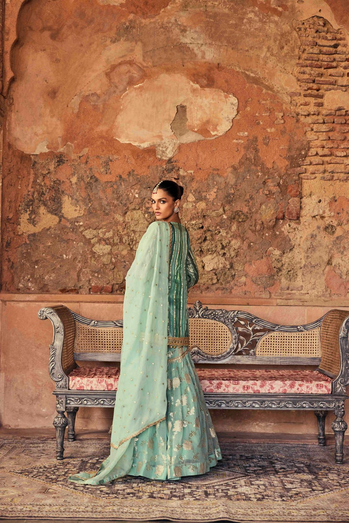 Neerus Green tissue embellished sharara set - detail view 1