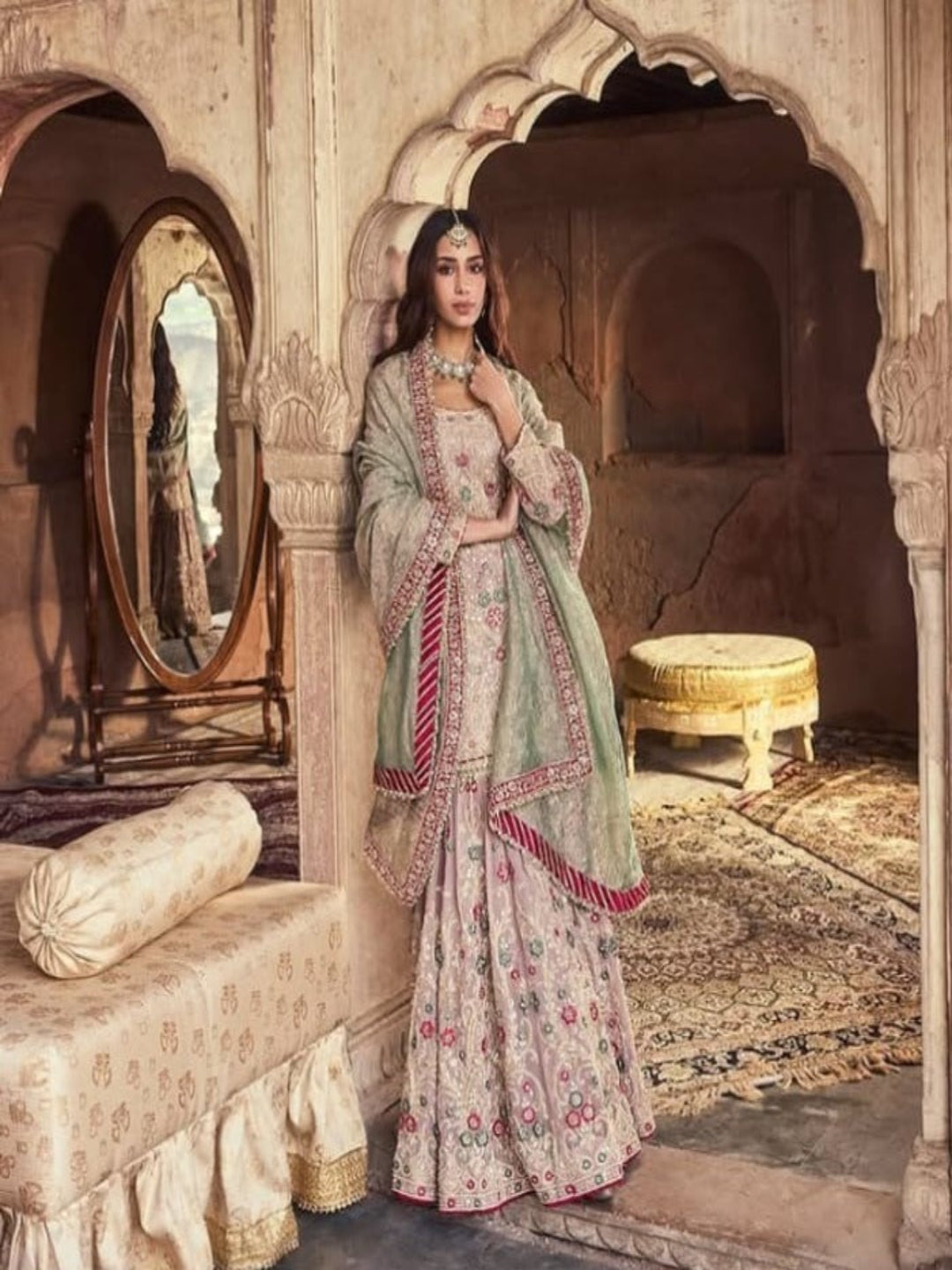 Neerus Pink georgette embellished kurta set with sharara and dupatta - front view