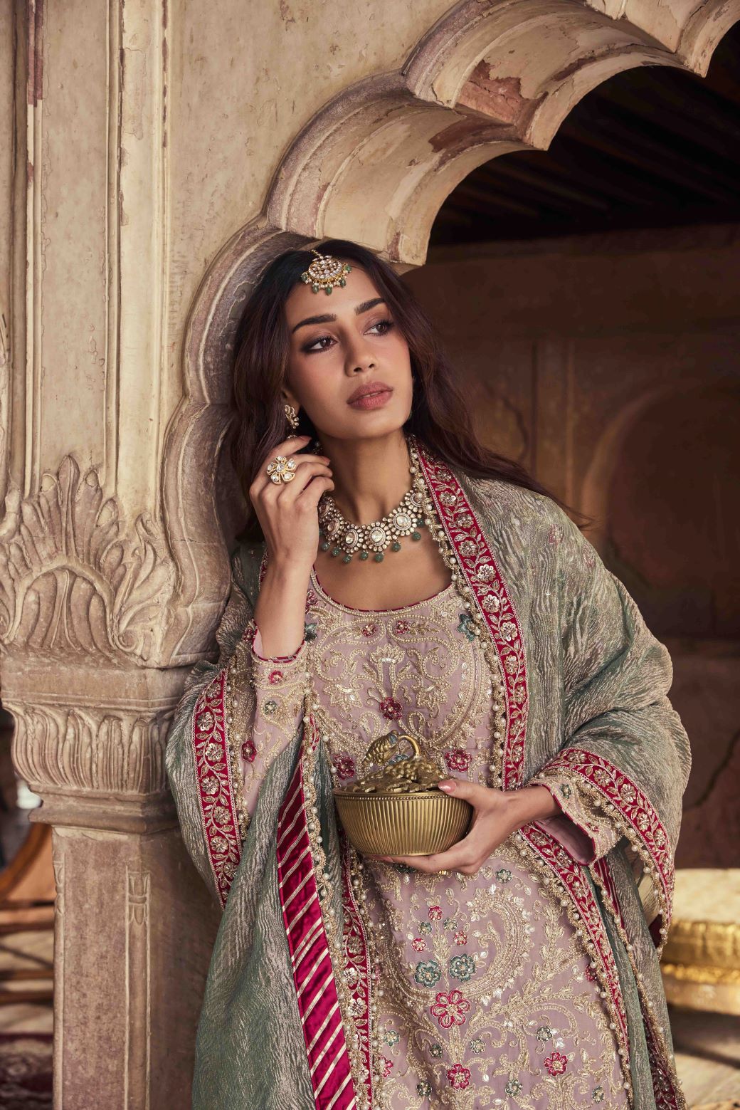Neerus Pink georgette embellished kurta set with sharara and dupatta - back view