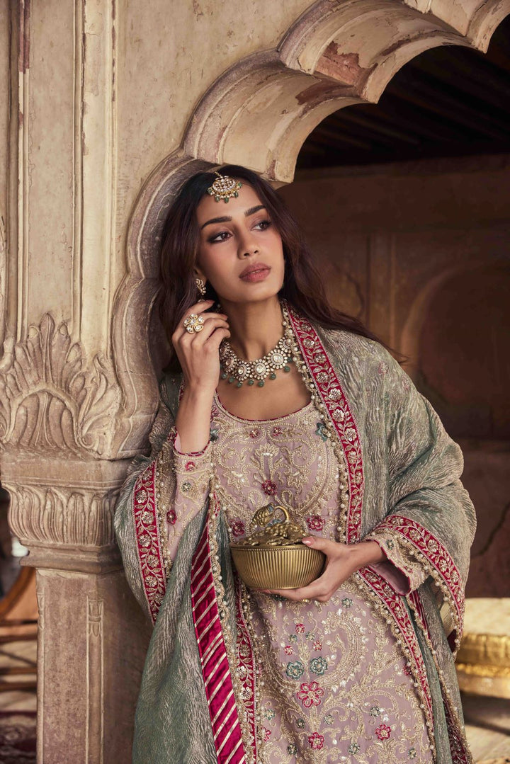 Neerus Pink georgette embellished kurta set with sharara and dupatta - back view