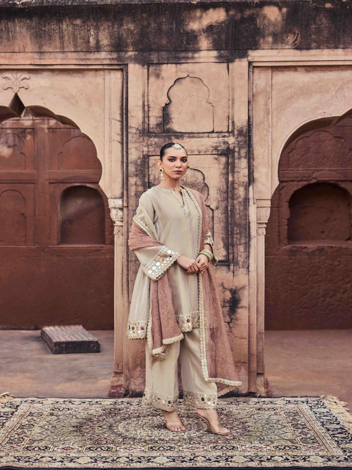 Neerus Gold organza mirror work kurta set - front view
