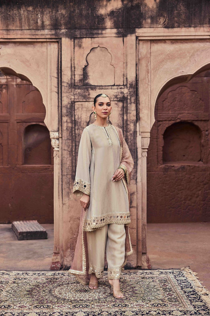 Neerus Gold organza mirror work kurta set - side view