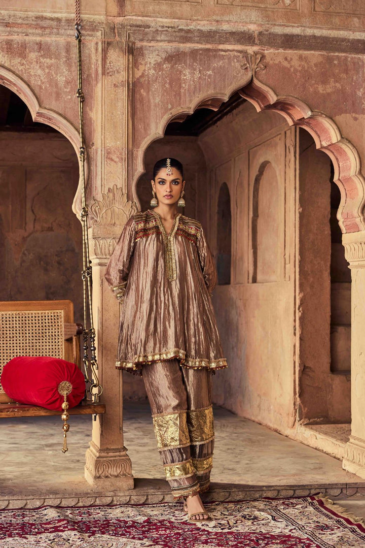 Neerus Brown tissue embroidered suit set - back view