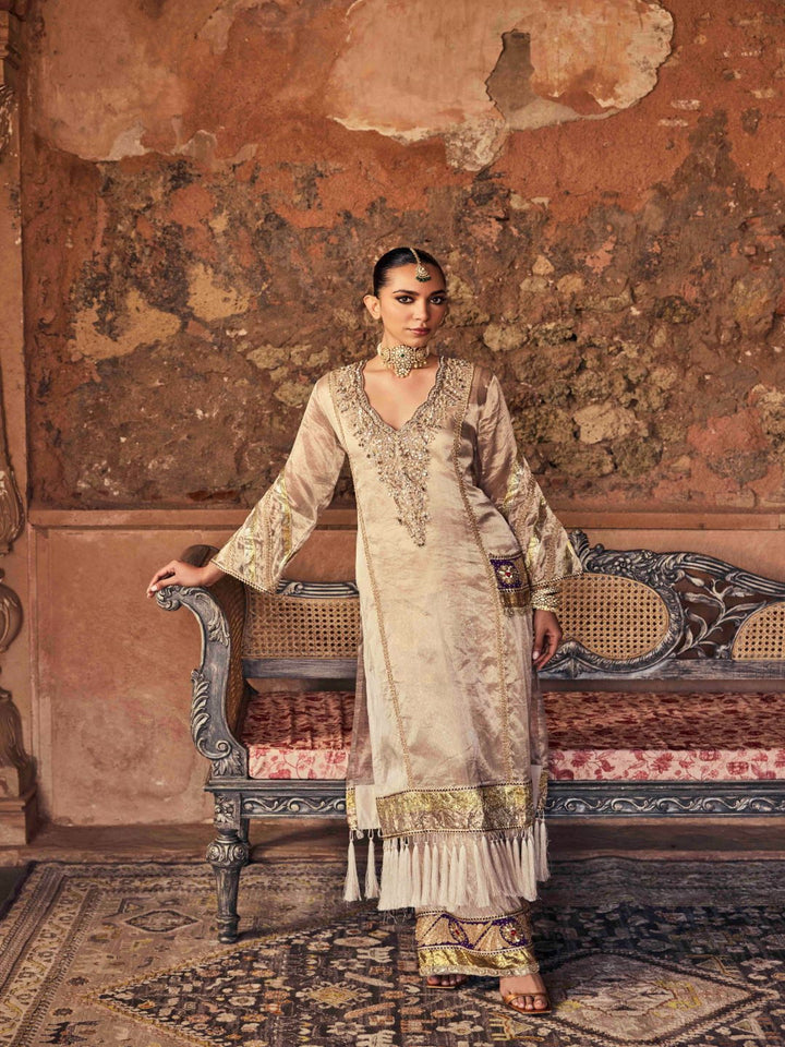 Neerus Grey Zari Work Organza Fabric Kurta and Trouser.