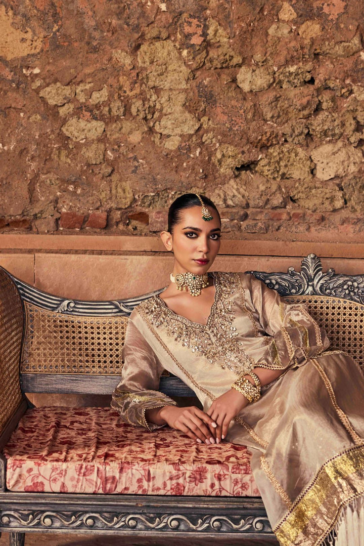 Neerus Grey Zari Work Organza Fabric Kurta and Trouser.