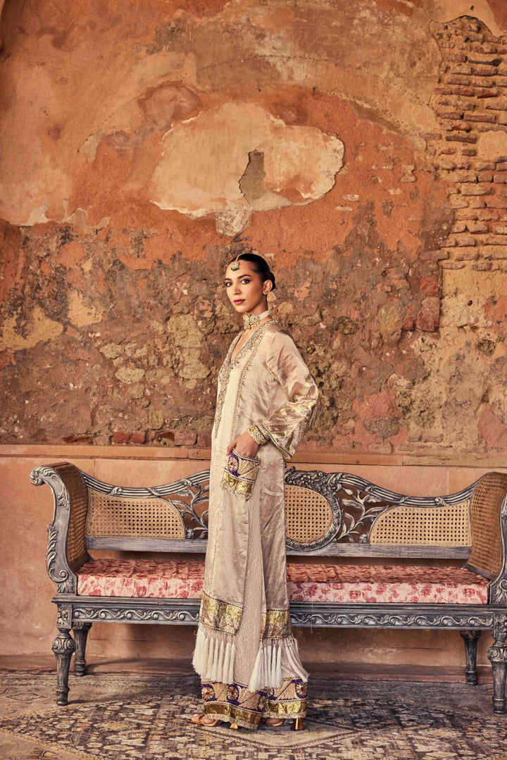 Neerus Grey Zari Work Organza Fabric Kurta and Trouser.