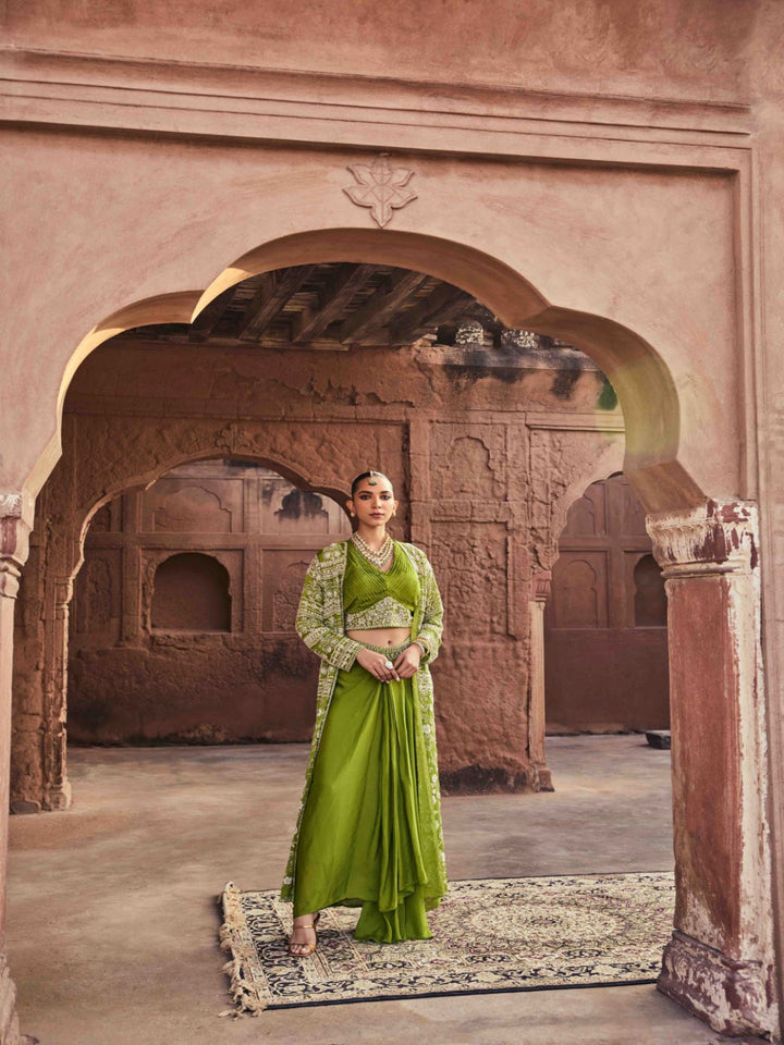 Neerus Green Chinon Embellished Lehenga Set - front view