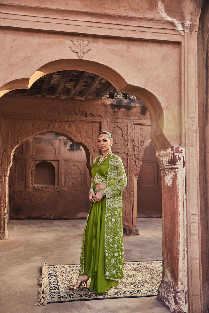 Neerus Green Chinon Embellished Lehenga Set - back view
