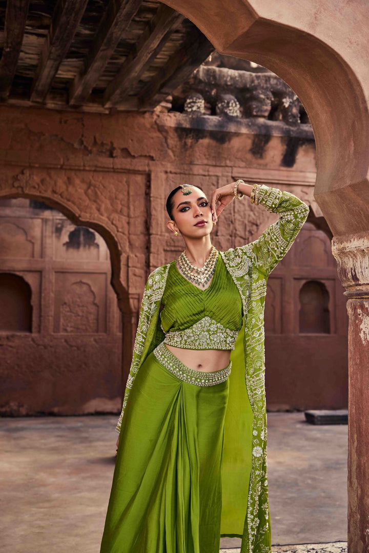 Neerus Green Chinon Embellished Lehenga Set - detail view 1