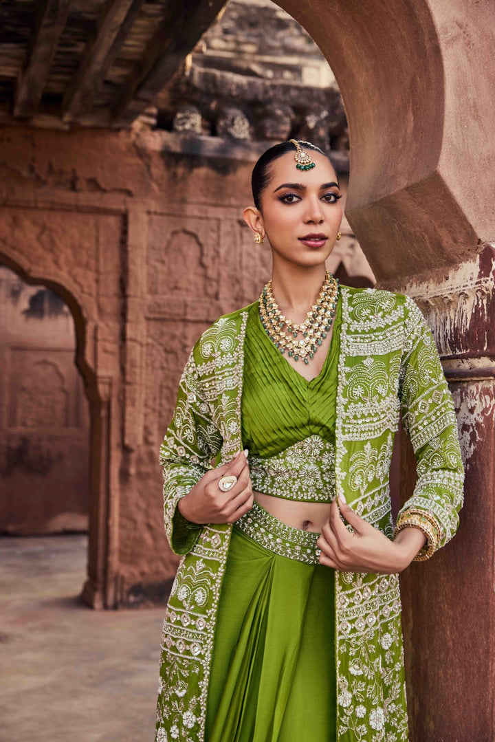 Neerus Green Chinon Embellished Lehenga Set - side view